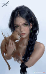 Rule 34 | 1girl, animal, artist name, bare shoulders, black hair, bracelet, braid, breasts, collarbone, commentary, copyright name, ghostblade, gold bracelet, green eyes, hair ornament, highres, holding, holding animal, jewelry, long hair, looking at viewer, parted lips, patreon username, simple background, wlop