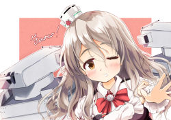 Rule 34 | 1girl, border, brown eyes, commentary request, grey hair, hat, highres, kantai collection, looking at viewer, machinery, mini hat, one eye closed, pink background, pola (kancolle), solo, thick eyebrows, tilted headwear, two-tone background, upper body, wavy hair, white border, yuzumaki tajii