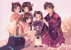 Rule 34 | 3boys, 3girls, armor, bag, blunt bangs, blurry, blurry foreground, bob cut, bow, breasts, brown eyes, child, family, father and daughter, father and son, gloves, gyokuto (inuyasha), hair bow, highres, hiraikotsu, hisui (inuyasha), holding, holding bag, inuyasha, japanese clothes, kin&#039;u (inuyasha), kneeling, kohaku (inuyasha), low ponytail, makochan, medium breasts, miroku (inuyasha), mother and daughter, mother and son, multiple boys, multiple girls, outstretched arm, parent and child, parted bangs, partially fingerless gloves, sango (inuyasha), short hair, short ponytail, shoulder armor, siblings, sisters, smile, v arms