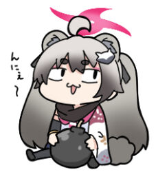 Rule 34 | 1girl, ahoge, animal ear fluff, animal ears, asymmetrical sleeves, black pantyhose, black sleeves, blue archive, bomb, detached sleeves, explosive, grey hair, hair between eyes, halo, long sleeves, lowres, michiru (blue archive), mismatched sleeves, nyaru (nyaru 4126), open mouth, pantyhose, shirt, short eyebrows, sitting, solo, tail, thick eyebrows, twintails, white shirt, white sleeves, wide sleeves