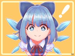 Rule 34 | !, 1girl, artist name, blue dress, blue eyes, border, breasts, bright pupils, cirno, commentary, dress, foreshortening, hair ribbon, highres, looking at viewer, orange background, outline, pinafore dress, puffy short sleeves, puffy sleeves, red neckwear, red ribbon, ribbon, shirt, short hair, short sleeves, simple background, sleeveless dress, small breasts, smile, solo, touhou, white border, white pupils, white shirt, wings, zanasta0810