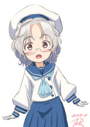 Rule 34 | 1girl, artist logo, blue neckerchief, blue ribbon, blue sailor collar, blue skirt, brown eyes, commentary request, cowboy shot, glasses, gloves, grey hair, hat, highres, hirato (kancolle), kantai collection, long sleeves, looking at viewer, neckerchief, pleated skirt, ribbon, sailor collar, sailor hat, school uniform, serafuku, short hair, skirt, solo, t2r, wavy hair, white gloves, white hat