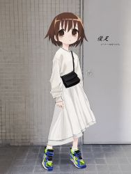 Rule 34 | 1girl, absurdres, bad id, bad twitter id, bag, blush, borrowed character, brown eyes, closed mouth, contrapposto, dress, gishiki (gshk), highres, kill me baby, long sleeves, looking at viewer, oribe yasuna, shoes, short hair, shoulder bag, socks, solo, standing, white dress, white socks