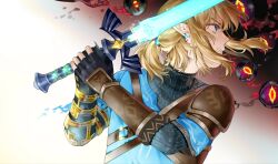Rule 34 | 1boy, black background, black gloves, blonde hair, blue eyes, blue tunic, champion&#039;s tunic (zelda), clenched teeth, fingerless gloves, from side, gloves, gradient background, highres, holding, holding sword, holding weapon, kelezi, link, male focus, nintendo, pointy ears, solo, sword, teeth, the legend of zelda, the legend of zelda: tears of the kingdom, upper body, weapon, white background