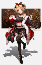 Rule 34 | 1girl, absurdres, bare shoulders, black gloves, blush, boots, bow, bullpup, choker, christmas, collarbone, commission, double bun, eyewear on head, full body, gas mask, girls&#039; frontline, gloves, gun, hair bun, high heels, highres, leg up, mask, official alternate costume, open mouth, p90, p90 (girls&#039; frontline), p90 (scarlet turbo) (girls&#039; frontline), pixiv commission, red eyes, rez (banco233), shadow, short hair, smile, solo, submachine gun, sunglasses, thigh boots, thighhighs, weapon