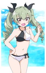 Rule 34 | 1girl, :d, anchovy (girls und panzer), bare arms, bare shoulders, bikini, black bow, blue sky, blush, bow, breasts, cleavage, cleavage cutout, clothing cutout, cloud, collarbone, commentary request, cowboy shot, day, drill hair, girls und panzer, green hair, groin, halterneck, hand on own hip, highres, index finger raised, long hair, looking at viewer, navel, open mouth, red eyes, sky, small breasts, smile, solo, stomach, swimsuit, thigh gap, twin drills, twintails, two-tone bikini