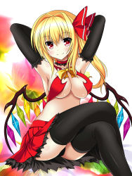 Rule 34 | 1girl, absurdres, armpits, arms behind head, arms up, bad id, bad pixiv id, black gloves, black panties, black thighhighs, blonde hair, bow, breasts, choker, cleavage, crossed legs, crystal, derivative work, elbow gloves, flandre scarlet, gloves, hair bow, haruka (pixiv), hat, hat ribbon, highres, large breasts, looking at viewer, midriff, navel, aged up, panties, pantyshot, red eyes, revealing clothes, ribbon, side ponytail, sitting, skirt, smile, solo, thighhighs, touhou, underwear, upskirt, wings