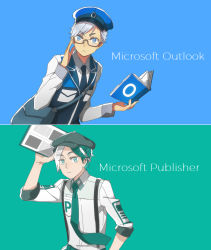 Rule 34 | 2boys, blue background, blue eyes, blue headwear, book, cioccolatodorima, commentary, english commentary, glasses, green background, green hair, green necktie, grey hair, holding, holding book, long sleeves, looking at viewer, male focus, microsoft, microsoft outlook, microsoft publisher, multicolored hair, multiple boys, necktie, pencil, pencil behind ear, personification, two-tone hair