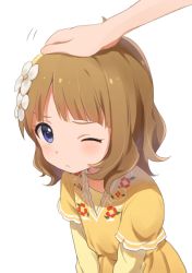 Rule 34 | 1girl, :&lt;, ahoge, blue eyes, blush, brown hair, buchi (y0u0ri ), child, commentary request, dress, extra, eyelashes, flat chest, floral print, flower, hair flower, hair ornament, hand on another&#039;s head, headpat, idolmaster, idolmaster million live!, long sleeves, one eye closed, print dress, short hair, solo, suou momoko, upper body, wavy hair, white background, yellow dress