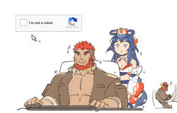 Rule 34 | 1girl, 2boys, ?, bara, bare pectorals, bare shoulders, beard, black jacket, blue eyes, blue hair, bow-shaped hair, breasts, captcha, chair, choker, cleavage, commentary, cursor, dark-skinned male, dark skin, facial hair, flaming eye, gomtang, hair ornament, hephaestus (housamo), jacket, keyboard (computer), large pectorals, long hair, looking at another, looking back, mature male, midriff, mouse (computer), multiple boys, muscular, muscular male, on chair, open clothes, open jacket, orange eyes, otohime (housamo), pectorals, red hair, short hair, sidelocks, simple background, sketch, sleeves rolled up, sweatdrop, symbol-only commentary, talos (housamo), thick eyebrows, tokyo houkago summoners, undercut, unfinished, very long hair, white choker