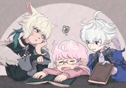 Rule 34 | 1girl, 2boys, :o, ahoge, alphinaud leveilleur, blonde hair, book, closed eyes, elezen, elf, final fantasy, final fantasy xiv, glasses, head tilt, holding, holding book, lalafell, looking at another, miqo&#039;te, multiple boys, nomu poncha, open mouth, pink hair, pointing, pointing at another, pointy ears, ponytail, scribble, short hair, warrior of light (ff14), y&#039;shtola rhul