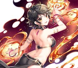Rule 34 | 1girl, :d, arched back, armlet, black skirt, bracelet, breasts, butt crack, choker, commentary request, copyright request, earrings, fire, floating hair, grey hair, index finger raised, isekai cheat magician, jewelry, looking at viewer, medium breasts, nardack, official art, open mouth, remia (isekai cheat magician), short hair, sideboob, skirt, smile, solo, yellow eyes