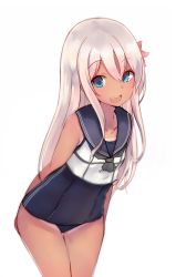 Rule 34 | 1girl, :d, blue eyes, blush, collarbone, cowboy shot, hair between eyes, hair ornament, highres, kantai collection, kure (kure ng), long hair, looking at viewer, one-piece swimsuit, open mouth, ro-500 (kancolle), sailor collar, school swimsuit, short sleeves, sidelocks, silver hair, simple background, smile, solo, swimsuit, swimsuit under clothes, tan, thighs, white background