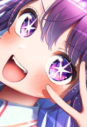 Rule 34 | 1girl, :d, aruminsuko, blush, close-up, collar, commentary request, hair between eyes, highres, hoshino ai (oshi no ko), looking at viewer, open mouth, oshi no ko, purple eyes, purple hair, smile, solo, sparkle, star-shaped pupils, star (symbol), symbol-shaped pupils, teeth, upper teeth only, v, v over eye, white collar
