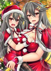 Rule 34 | 2girls, breasts, brown eyes, capelet, christmas, dress, fingerless gloves, fur-trimmed capelet, fur-trimmed gloves, fur-trimmed headwear, fur trim, gloves, grey hair, hair ornament, hairband, hairclip, haruna (kancolle), hat, headgear, highres, kantai collection, large breasts, long hair, looking at viewer, militia minpei, multiple girls, red capelet, red dress, red gloves, red headwear, santa costume, santa dress, santa hat, short dress, sleeveless, sleeveless dress