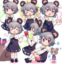 Rule 34 | &gt; &lt;, 2girls, ?, animal ears, black shirt, blouse, blue eyes, blush, blush stickers, candy, chocolate, chocolate bar, closed eyes, closed mouth, cookie (touhou), crystal, fake nyon (cookie), flour, food, full body, grey hair, grey skirt, grey vest, hair between eyes, jewelry, looking at viewer, looking to the side, mouse ears, mouse tail, multiple girls, multiple views, nazrin, nyon (cookie), open mouth, pendant, purple skirt, purple vest, red eyes, shirt, short hair, skirt, smile, table, tail, touhou, vest, white background, white shirt, xox xxxxxx