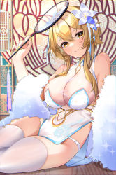 Rule 34 | 1girl, absurdres, alternate costume, bare shoulders, blonde hair, blush, breasts, china dress, chinese clothes, cleavage, commentary, dress, feather boa, flower, genshin impact, hair flower, hair ornament, hand up, highres, holding, large breasts, leaning to the side, looking at viewer, lumine (genshin impact), nail polish, panties, panty straps, parted lips, pelvic curtain, see-through, short hair with long locks, sidelocks, sitting, smile, solo, thighhighs, thighs, underwear, white flower, white panties, white thighhighs, yellow eyes, yellow nails, yoshitoki (kisshin)