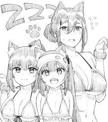 Rule 34 | 3girls, age difference, animal ear fluff, animal ears, bikini, breasts, character request, cleavage, commentary request, fang, flat chest, flying sweatdrops, front-tie bikini top, front-tie top, greyscale, hai ookami, hair between eyes, heart, heart-shaped pupils, highres, large breasts, medium breasts, monochrome, mother and daughter, multiple girls, open mouth, original, scrunchie, siblings, sisters, smile, sweatdrop, swimsuit, symbol-shaped pupils, twins, visor cap, wrist scrunchie