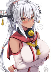 Rule 34 | 1girl, absurdres, alternate hairstyle, blush, breasts, brown eyes, cosplay, crossed arms, dark-skinned female, dark skin, detached sleeves, embarrassed, glasses, headgear, highres, kantai collection, large breasts, long hair, looking at viewer, mashiro yukiya, musashi (kancolle), musashi kai ni (kancolle), ponytail, sailor collar, simple background, solo, spoken blush, white background, yamato (kancolle), yamato (kancolle) (cosplay)