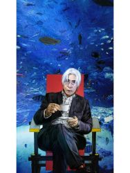 Rule 34 | 1boy, black suit, chair, crossed legs, cup, formal, highres, hirasawa susumu, holding, holding cup, jewelry, long sleeves, looking at viewer, male focus, maya ishii, old, old man, pillarboxed, real life, ring, sitting, solo, spoon, suit, tropical fish, white hair