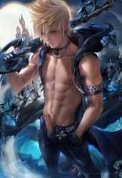Rule 34 | 1boy, abs, absurdres, blonde hair, blue eyes, erection, highres, kingdom hearts, male focus, penis, presenting, roxas, sakimichan, solo, undressing, weapon