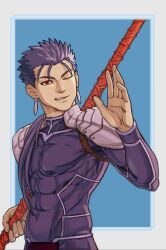 Rule 34 | 1boy, abs, absurdres, armor, blue bodysuit, blue hair, bodysuit, covered navel, cu chulainn (fate), cu chulainn (fate/stay night), earrings, fang, fate/stay night, fate (series), gae bolg (fate), grin, highres, holding, holding polearm, holding weapon, jewelry, jkataishi, long hair, male focus, muscular, muscular male, one eye closed, pauldrons, pectorals, polearm, red eyes, shoulder armor, simple background, skin tight, smile, solo, spiked hair, weapon