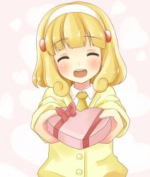 Rule 34 | 10s, 1girl, aiba kou, blonde hair, blush, cardigan, closed eyes, hairband, heart, kise yayoi, long hair, open mouth, outstretched arm, precure, school uniform, smile, smile precure!, solo, sweater, valentine, white hairband, yellow eyes