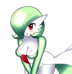 Rule 34 | 1girl, artist request, blush, breasts, cleavage, creatures (company), female focus, game freak, gardevoir, gen 3 pokemon, green hair, hair over one eye, highres, large breasts, leaning forward, nintendo, open mouth, partially visible vulva, pokemon, pokemon (creature), pokemon rse, red eyes, short hair, simple background, solo, standing, sweat, v arms, white background