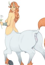 Rule 34 | 1girl, artist request, ass, blush, breasts, centaur, flower, from behind, green eyes, highres, hooves, horns, looking back, monster girl, nipples, nude, pointy ears, pussy, red hair, solo, tail, taur, udder, uncensored