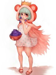 Rule 34 | 1girl, animal hood, bear hood, brown eyes, crown, dress, food, fruit, fumio (rsqkr), grapes, green hair, hood, one piece, sandals, short hair, simple background, solo, sugar (one piece), thighs, white background