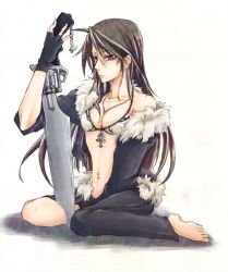Rule 34 | 1990s (style), 1girl, blue eyes, breasts, brown hair, cleavage, feet, final fantasy, final fantasy viii, gender request, genderswap, gunblade, jacket, jewelry, long hair, necklace, open clothes, open shirt, scar, shirt, skirt, solo, squall leonhart, weapon, white background