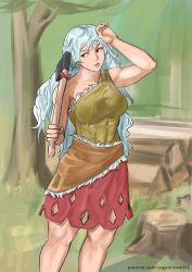 Rule 34 | 1girl, abs, arm up, axe, breasts, dress, feet out of frame, forest, grey hair, highres, holding, holding axe, large breasts, long hair, looking to the side, multicolored clothes, multicolored dress, muscular, muscular female, nature, outdoors, red eyes, sakata nemuno, single strap, solo, standing, toned, touhou, tree, very long hair, wood, yagami11
