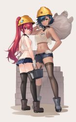 Rule 34 | 2girls, ass, boots, breasts, butt crack, cleavage, dango remi, dark skin, flat chest, gloves, hat, helmet, highres, looking at viewer, microskirt, multiple girls, navel, nipples, red hair, see-through, short shorts, shorts, sideboob, skirt, thighhighs