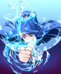 Rule 34 | 00s, 1girl, aoren, blue background, blue eyes, blue hair, blue theme, bow (weapon), butterfly hair ornament, cure aqua, hair ornament, magical girl, matching hair/eyes, minazuki karen, precure, solo, water, weapon, wide ponytail, yes! precure 5