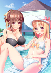 Rule 34 | 2girls, absurdres, beach chair, bikini, blonde hair, blush, bow, breasts, brown eyes, brown hair, bulge, cleavage, erection, erection under clothes, flaccid, food, fruit, futanari, hair bow, hat, highres, large breasts, long hair, looking at viewer, midriff, multiple girls, navel, nukunuku (hinataboltuko), open mouth, original, ponytail, popsicle, red eyes, sitting, small breasts, smile, swimsuit, water, watermelon, watermelon bar