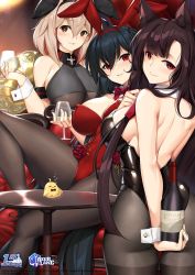 Rule 34 | 3girls, ahoge, akagi (azur lane), animal ears, ass, azur lane, bare shoulders, black hair, black hairband, black legwear, black leotard, blonde hair, blurry, blurry background, blush, bokeh, bottle, bow, bowtie, breasts, brown eyes, chair, cleavage, collarbone, commentary, cowboy shot, cross, cup, cupping glass, depth of field, detached collar, eyeliner, fake animal ears, fox ears, hair between eyes, hair ornament, hairband, head tilt, highres, holding, holding bottle, holding cup, iron cross, large breasts, leotard, light particles, logo, long hair, looking at viewer, looking back, makeup, manjuu (azur lane), multicolored hair, multiple girls, nontraditional playboy bunny, official art, pantyhose, parted lips, playboy bunny, rabbit ears, red eyes, red hair, red hairband, red leotard, red neckwear, roon (azur lane), short hair, sideboob, sitting, smile, streaked hair, table, taihou (azur lane), thighband pantyhose, tony guisado, very long hair, watermark, wrist cuffs