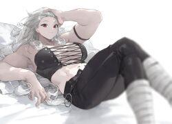 1girl abs arm_strap black_pants blurry commentary cross-laced_clothes cross-laced_top crossed_legs dorohedoro grey_hair hand_on_own_head highres long_hair lying midriff muscular muscular_female navel noi_(dorohedoro) on_back pants pillow red_eyes sepo_(mito609) smile solo very_long_hair