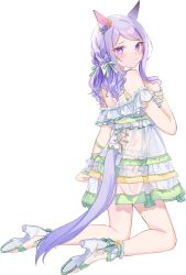 Rule 34 | 1girl, animal ears, bare legs, bare shoulders, blush, closed mouth, full body, hair ribbon, high heels, highres, horse ears, horse girl, horse tail, horseshoe, kneeling, light purple hair, long hair, looking at viewer, looking back, mejiro mcqueen (ripple fairlady) (umamusume), mejiro mcqueen (umamusume), moko (mokochisa), one-piece swimsuit, purple eyes, ribbon, see-through swimsuit, simple background, solo, swimsuit, tail, umamusume, white background, white footwear, white one-piece swimsuit