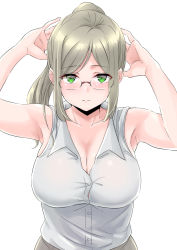 Rule 34 | 1girl, armpits, arms up, bare shoulders, beige skirt, blonde hair, blush, breasts, cleavage, closed mouth, collared shirt, commentary request, dress shirt, green eyes, high ponytail, highres, kantai collection, katori (kancolle), long hair, looking at viewer, parted bangs, ponytail, rimless eyewear, shirt, sidelocks, sleeveless, sleeveless shirt, smile, takomeshi, white shirt