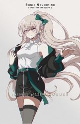 Rule 34 | 1girl, bare shoulders, belt, black jacket, black skirt, blonde hair, blush, bow, braid, breasts, brown eyes, brown thighhighs, character name, closed mouth, commentary, copyright name, criis-chan, danganronpa (series), danganronpa 2: goodbye despair, earrings, floating hair, green belt, green bow, hair bow, hands up, jacket, jewelry, long hair, long sleeves, looking at viewer, medium breasts, miniskirt, open clothes, pleated skirt, shirt, shirt tucked in, skirt, sleeveless, sleeveless shirt, smile, solo, sonia nevermind, symbol-only commentary, thighhighs, twitter username, very long hair, white shirt, zettai ryouiki