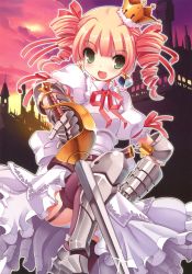 Rule 34 | 1girl, :d, absurdres, armor, armored dress, castle, crown, drill hair, earrings, gauntlets, greaves, green eyes, highres, jewelry, leg up, open mouth, pink hair, purple thighhighs, saber (weapon), smile, sword, thighhighs, tsurugi hagane, twin drills, weapon