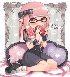 Rule 34 | 1girl, black bow, blush, bow, box, earrings, hair bow, heart-shaped box, highres, inkling, inkling girl, inkling player character, jewelry, long hair, looking at viewer, nintendo, pink eyes, pink hair, pointy ears, shina shina, sitting, solo, splatoon (series), splatoon 2, tentacle hair, valentine, wariza, wrist cuffs