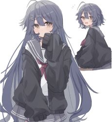 Rule 34 | 1girl, :d, ahoge, amamiya kokoro, black jacket, blue hair, blush, cardigan, covering own mouth, double horizontal stripe, grey sailor collar, grey skirt, hair ornament, highres, jacket, long hair, looking at viewer, multiple views, neckerchief, nijisanji, notice lines, open mouth, pleated skirt, red neckerchief, roku 6, sailor collar, school uniform, shirt, short hair, sidelocks, simple background, skirt, sleeves past fingers, sleeves past wrists, smile, very long hair, virtual youtuber, white background, white shirt, x hair ornament, yellow eyes