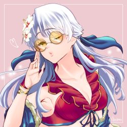 Rule 34 | 1girl, adjusting eyewear, armpits, bare shoulders, bikini, blue scarf, breasts, cleavage cutout, clothing cutout, collarbone, fingerless gloves, fire emblem, fire emblem: radiant dawn, fire emblem heroes, gloves, grey hair, hair ribbon, half updo, heart, highres, long hair, looking at viewer, marth-chan (micaiah mrmm), medium breasts, micaiah (fire emblem), micaiah (summer) (fire emblem), nintendo, official alternate costume, one eye closed, orange-tinted eyewear, pink background, red bikini, red gloves, ribbon, scarf, see-through, signature, simple background, solo, sunglasses, swimsuit, tinted eyewear, towel, upper body, yellow eyes