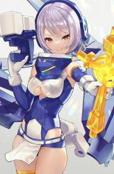 Rule 34 | 1girl, :q, armpits, bare shoulders, belt, breasts, bullet knights exorcist, closed mouth, clothing cutout, cowboy shot, detached sleeves, gloves, grey hair, hand up, headphones, highres, hip vent, holding, isegawa yasutaka, long sleeves, looking at viewer, medium breasts, megami device, pelvic curtain, red eyes, revealing clothes, short hair, smile, solo, standing, thighs, tongue, tongue out, underboob, underboob cutout, v-shaped eyebrows, white gloves