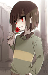 Rule 34 | 1other, bob cut, brown hair, brown pants, brown shirt, chara (undertale), collared shirt, fingernails, flower, green sweater, grin, hand in pocket, holding, holding flower, leftporygon, long sleeves, looking ahead, outdoors, pants, red eyes, red flower, ruins, shirt, short hair, smile, solo, striped clothes, striped sweater, sweater, undertale, upper body, yellow sweater