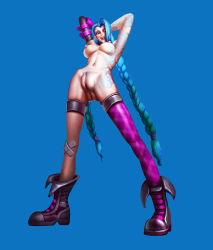Rule 34 | 1girl, arms behind head, blue hair, boots, braid, breasts, clitoris, foreshortening, from below, full body, highres, jinx (league of legends), league of legends, lipstick, makeup, nude, pubic hair, pussy, red eyes, riot games, solo, spread legs, standing, tattoo, twin braids, uncensored, ynwswy