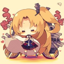 Rule 34 | &gt;:), 1girl, = =, american flag, american flag print, azur lane, blonde hair, cannon, cape, chibi, cleveland (azur lane), commentary request, flag print, full body, long hair, muuran, one side up, pleated skirt, skirt, solo, standing