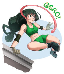 Rule 34 | 10s, 1girl, asui tsuyu, bankage, bike shorts, black eyes, black hair, boku no hero academia, breasts, brown gloves, commentary, elbow pads, english commentary, frog girl, full body, gloves, hair rings, jumping, long hair, long tongue, low-tied long hair, medium breasts, parkour, shoes, sneakers, solo, sports bra, tongue, tongue out, very long hair, very long tongue