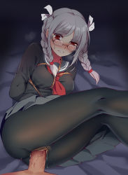 Rule 34 | 1girl, absurdres, arms behind back, bdsm, blush, bondage, bound, bow, braid, clenched teeth, clothed sex, danganronpa (series), danganronpa 2: goodbye despair, drooling, feet out of frame, glasses, grey hair, hair ribbon, heavy breathing, highres, long sleeves, looking at viewer, lying, neckerchief, on side, pantyhose, pekoyama peko, penis, pov, pussy, pussy juice, rape, red eyes, red neckerchief, ribbon, rope, sailor collar, school uniform, sex, skirt, sweat, teeth, torn clothes, torn pantyhose, twintails, uncensored, vaginal, veins, veiny penis